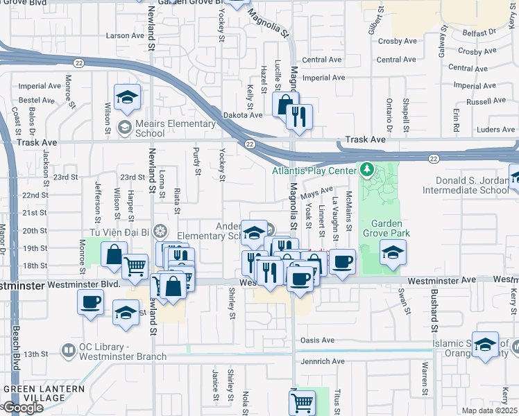 map of restaurants, bars, coffee shops, grocery stores, and more near 8841 Mays Avenue in Garden Grove