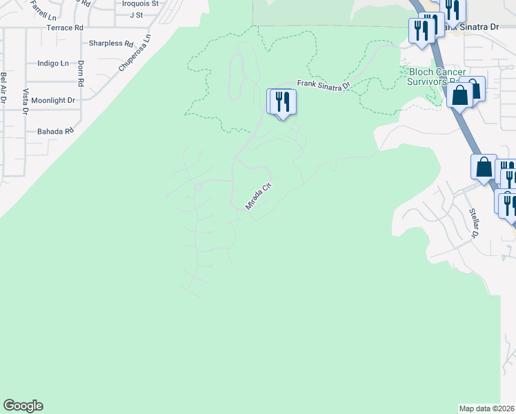 map of restaurants, bars, coffee shops, grocery stores, and more near 21 Mesa Vista Lane in Rancho Mirage