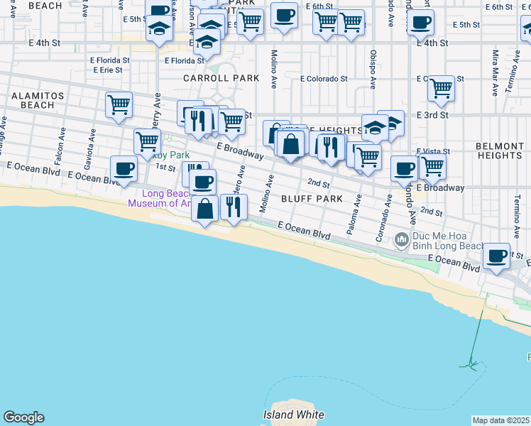map of restaurants, bars, coffee shops, grocery stores, and more near 20 Molino Avenue in Long Beach