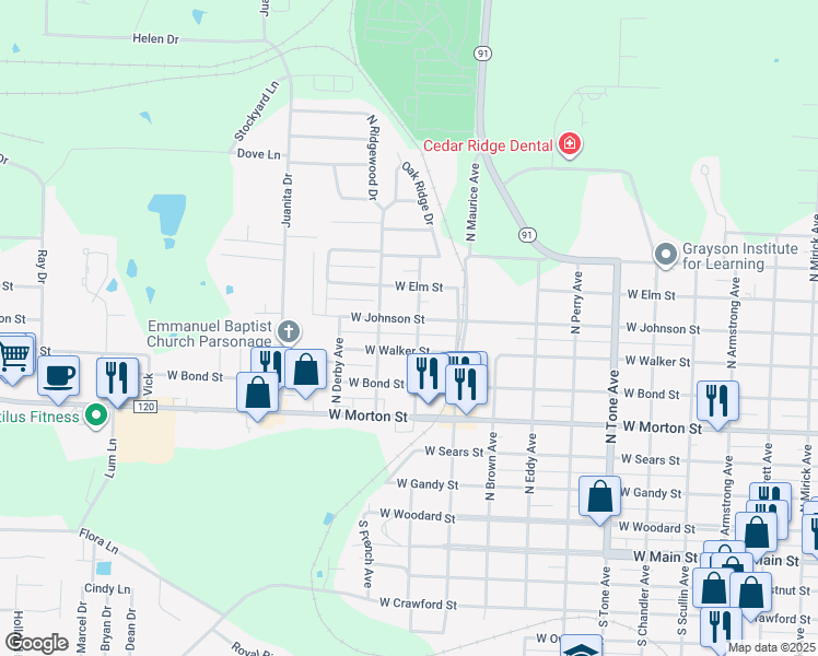 map of restaurants, bars, coffee shops, grocery stores, and more near 1531 West Johnson Street in Denison