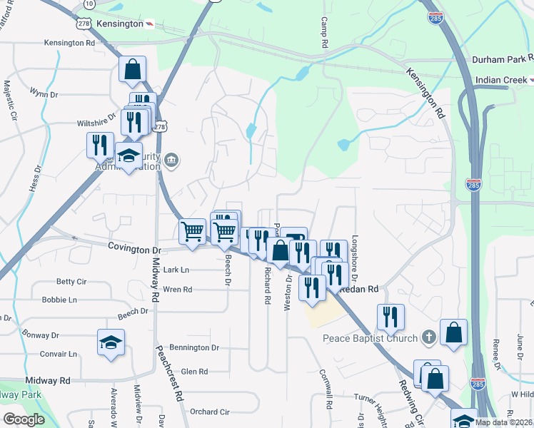map of restaurants, bars, coffee shops, grocery stores, and more near 3557 Dove Valley Way in Decatur