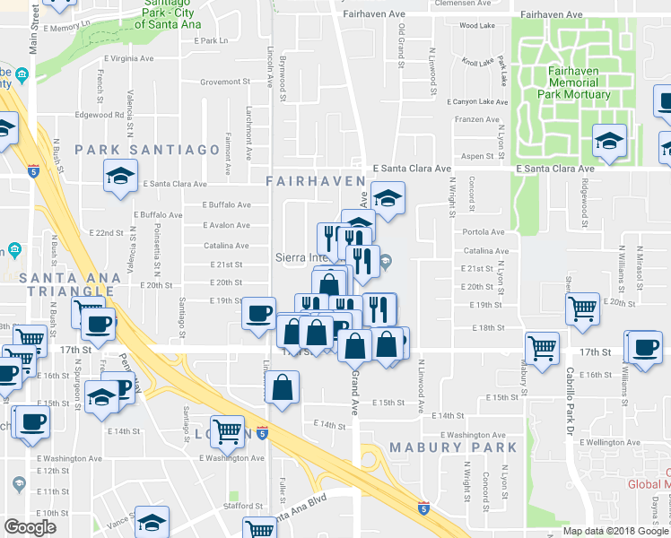 map of restaurants, bars, coffee shops, grocery stores, and more near 2020 North Grand Avenue in Santa Ana