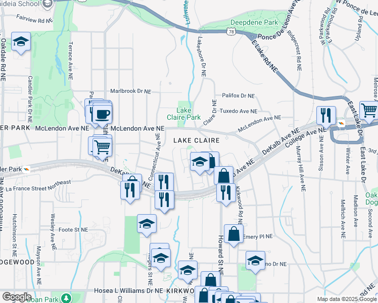 map of restaurants, bars, coffee shops, grocery stores, and more near 389 Sutherland Place Northeast in Atlanta