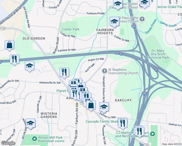 map of restaurants, bars, coffee shops, grocery stores, and more near 274 Fairburn Road Northwest in Atlanta