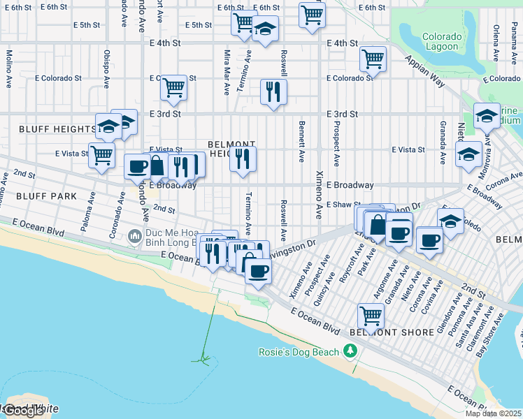 map of restaurants, bars, coffee shops, grocery stores, and more near 4107 East Shaw Street in Long Beach
