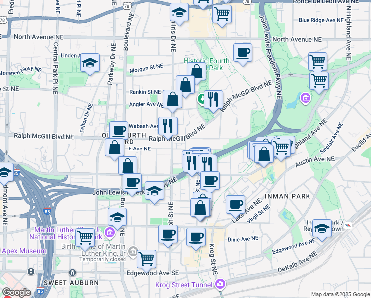 map of restaurants, bars, coffee shops, grocery stores, and more near East Ave NE & Fortune St NE in Atlanta