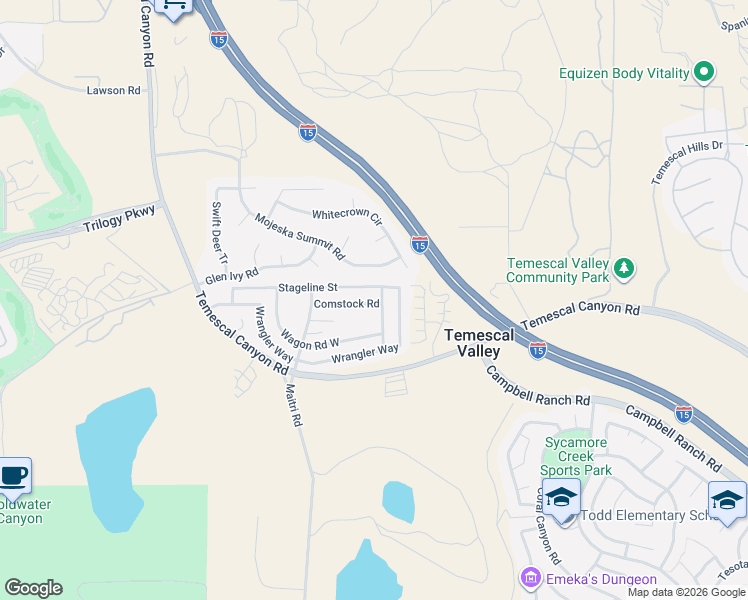 map of restaurants, bars, coffee shops, grocery stores, and more near 10391 Stageline Street in Corona