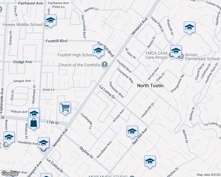 map of restaurants, bars, coffee shops, grocery stores, and more near 1091 La Loma Drive in Santa Ana