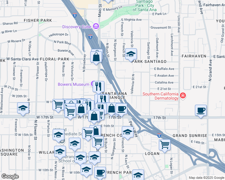 map of restaurants, bars, coffee shops, grocery stores, and more near 2025 North Bush Street in Santa Ana