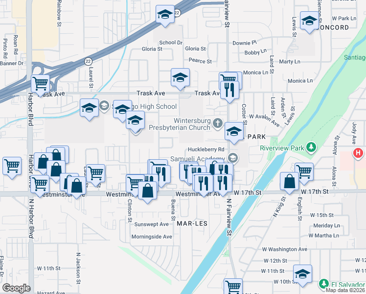 map of restaurants, bars, coffee shops, grocery stores, and more near 12736 Woodbury Road in Garden Grove