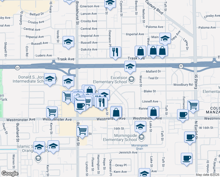 map of restaurants, bars, coffee shops, grocery stores, and more near 10311 Woodbury Road in Garden Grove