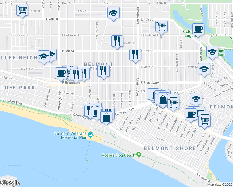 map of restaurants, bars, coffee shops, grocery stores, and more near 4107 East Shaw Street in Long Beach