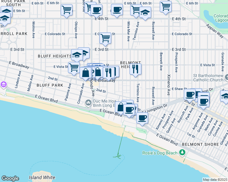 map of restaurants, bars, coffee shops, grocery stores, and more near 210 Euclid Avenue in Long Beach