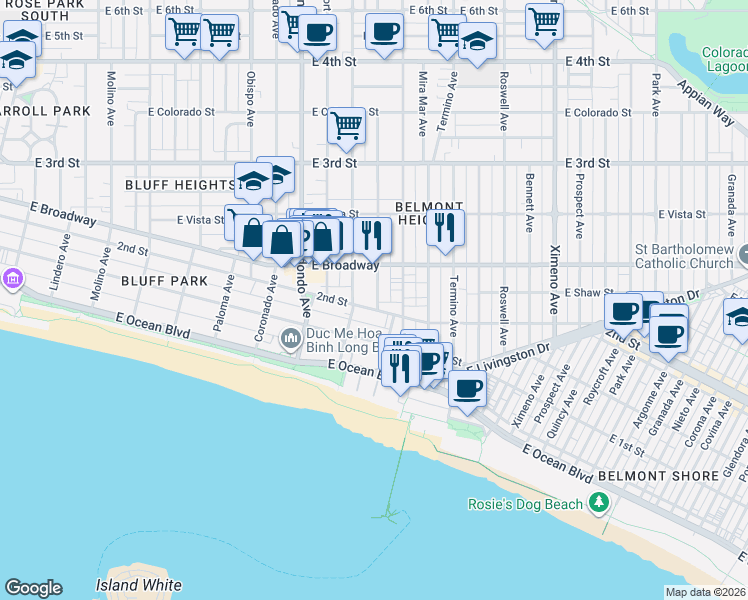 map of restaurants, bars, coffee shops, grocery stores, and more near 210 Euclid Avenue in Long Beach