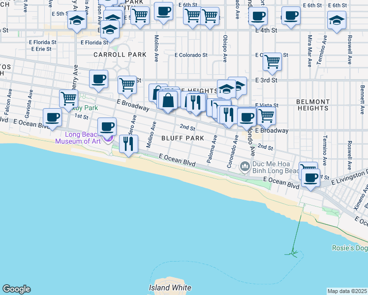 map of restaurants, bars, coffee shops, grocery stores, and more near in Long Beach