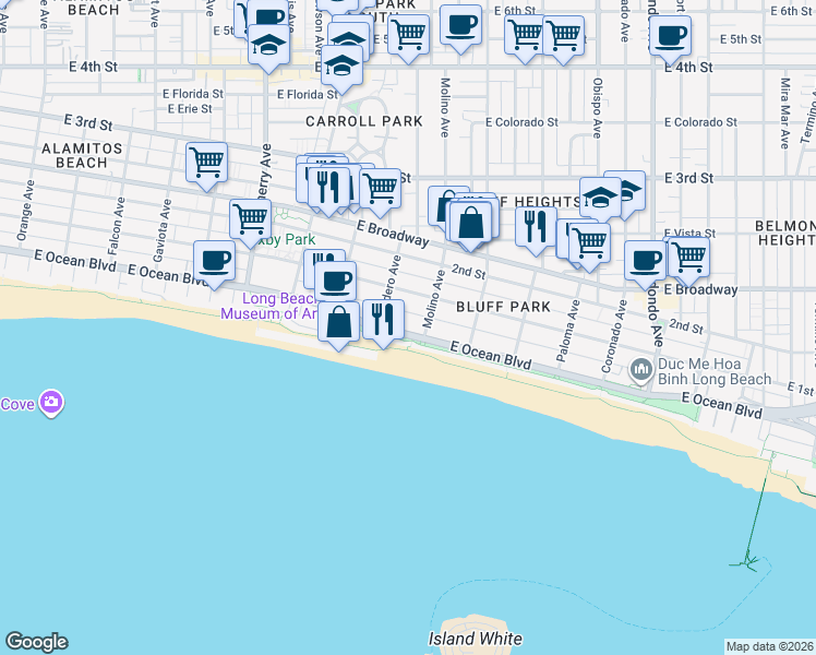 map of restaurants, bars, coffee shops, grocery stores, and more near 2525 East Ocean Boulevard in Long Beach