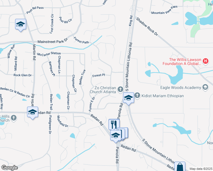 map of restaurants, bars, coffee shops, grocery stores, and more near 1040 Forest East Drive in Stone Mountain