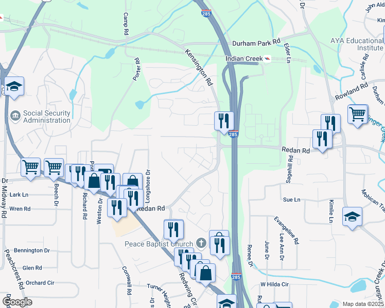 map of restaurants, bars, coffee shops, grocery stores, and more near Carteret Place in Decatur
