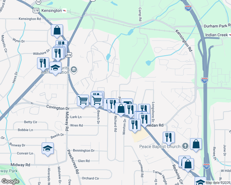 map of restaurants, bars, coffee shops, grocery stores, and more near 3557 Dove Valley Way in Decatur