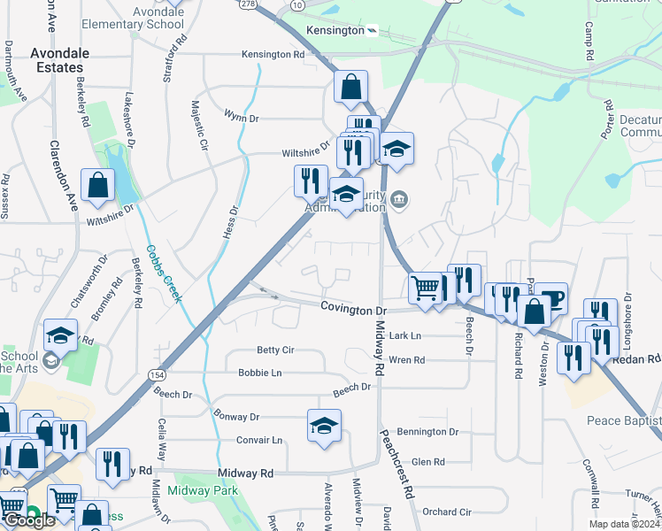 map of restaurants, bars, coffee shops, grocery stores, and more near 3290 Covington Drive in Decatur