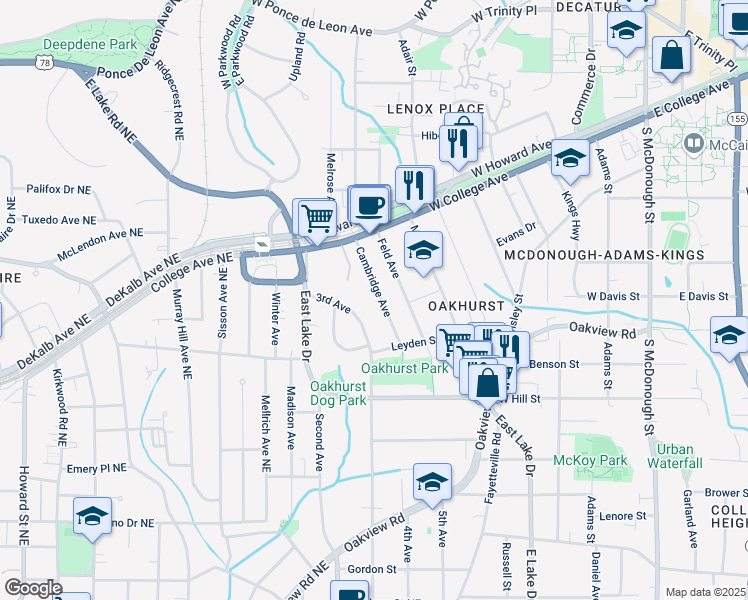 map of restaurants, bars, coffee shops, grocery stores, and more near 227 Cambridge Avenue in Decatur