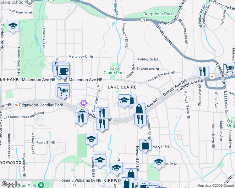 map of restaurants, bars, coffee shops, grocery stores, and more near 389 Sutherland Place Northeast in Atlanta