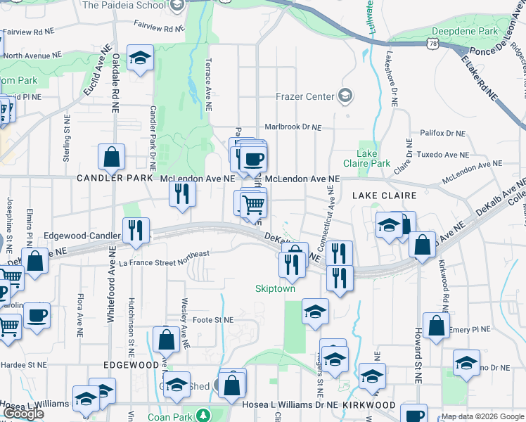 map of restaurants, bars, coffee shops, grocery stores, and more near 337 Clifton Road Northeast in Atlanta