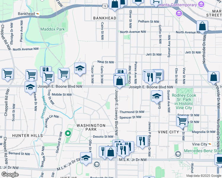 map of restaurants, bars, coffee shops, grocery stores, and more near 938 Joseph E. Boone Boulevard Northwest in Atlanta