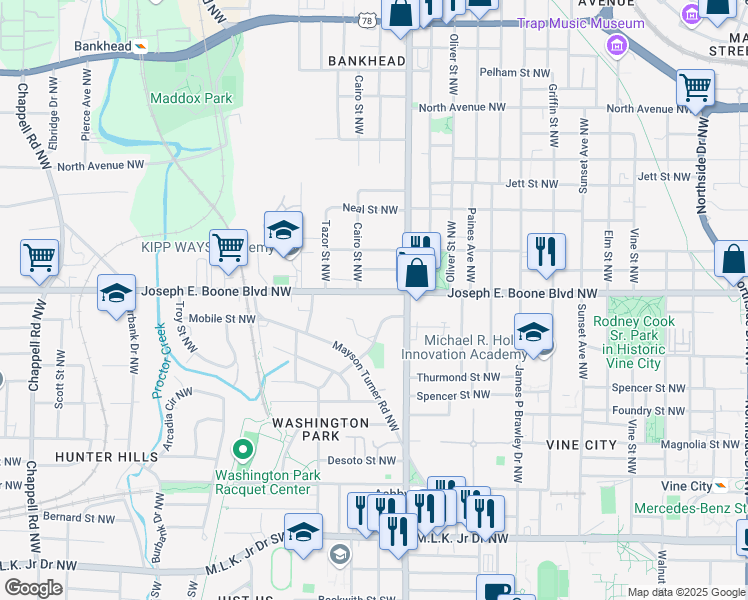 map of restaurants, bars, coffee shops, grocery stores, and more near 943 Joseph E. Boone Boulevard Northwest in Atlanta