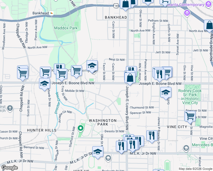 map of restaurants, bars, coffee shops, grocery stores, and more near in Atlanta
