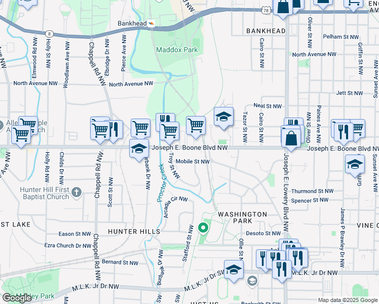 map of restaurants, bars, coffee shops, grocery stores, and more near 1162 Joseph E. Boone Boulevard Northwest in Atlanta