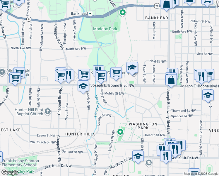 map of restaurants, bars, coffee shops, grocery stores, and more near 1178 Joseph E. Boone Boulevard Northwest in Atlanta