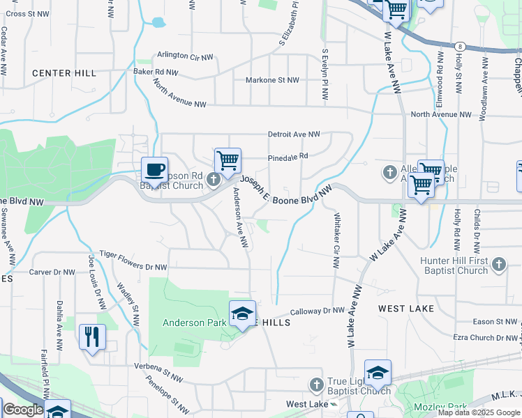 map of restaurants, bars, coffee shops, grocery stores, and more near 1916 Simpson Road Northwest in Atlanta