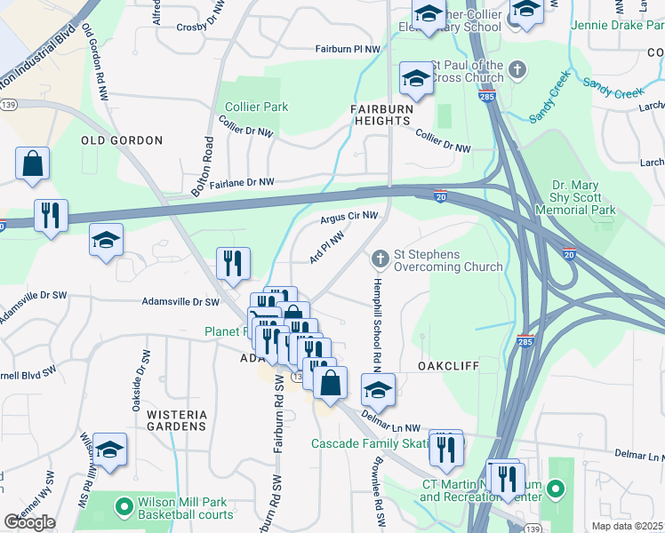 map of restaurants, bars, coffee shops, grocery stores, and more near 274 Fairburn Road Northwest in Atlanta