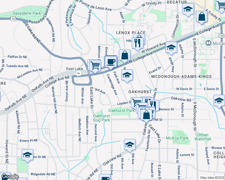 map of restaurants, bars, coffee shops, grocery stores, and more near 227 Cambridge Avenue in Decatur