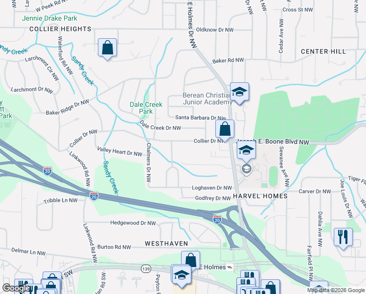map of restaurants, bars, coffee shops, grocery stores, and more near 2636 Collier Drive Northwest in Atlanta