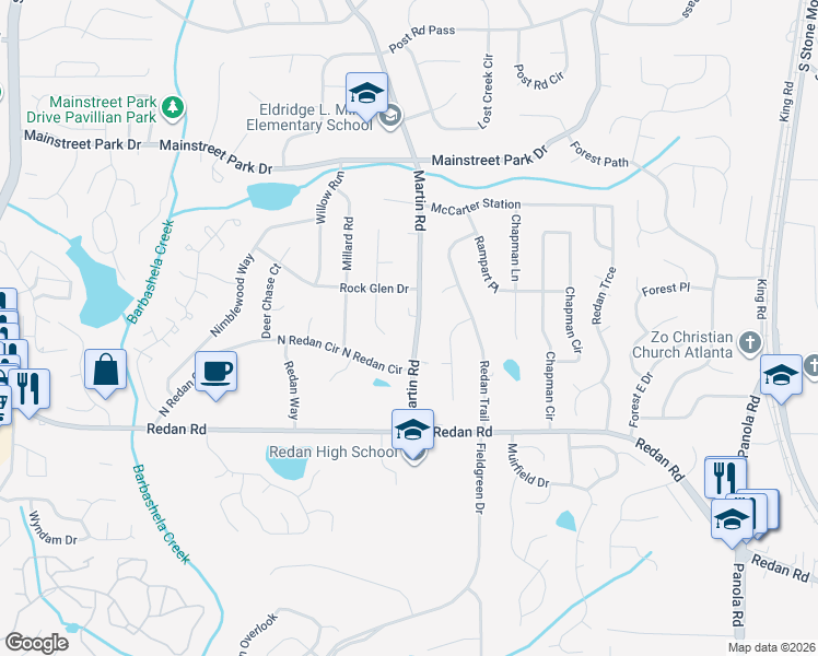 map of restaurants, bars, coffee shops, grocery stores, and more near 1070 Martin Road in Stone Mountain