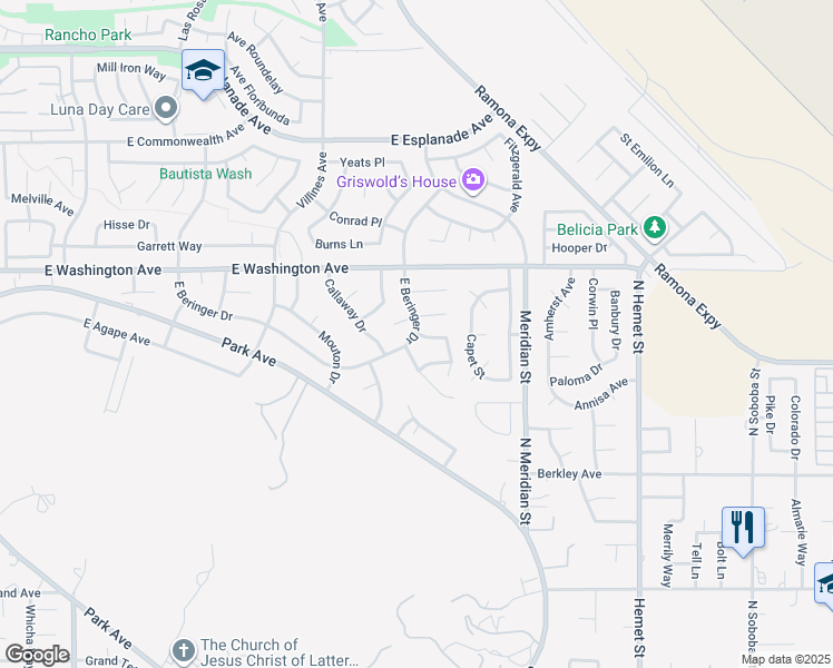 map of restaurants, bars, coffee shops, grocery stores, and more near East Beringer Drive & Trinity Way in San Jacinto