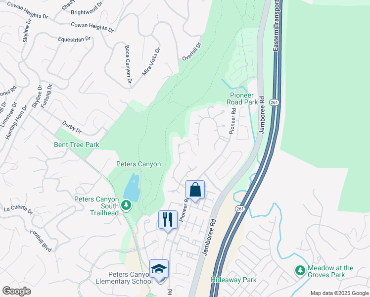 map of restaurants, bars, coffee shops, grocery stores, and more near 10715 Plumas Way in Tustin