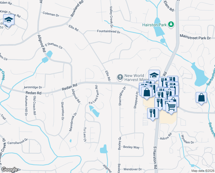map of restaurants, bars, coffee shops, grocery stores, and more near 4518 To Lani Valley in Stone Mountain