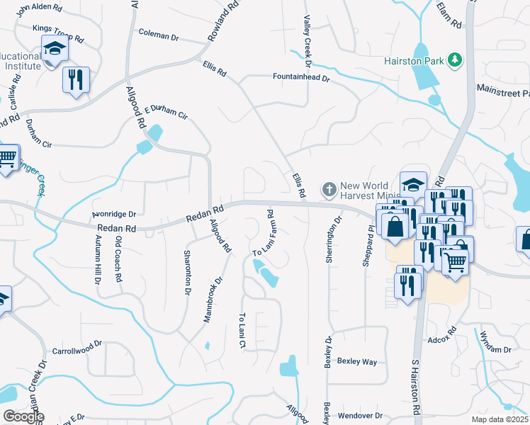 map of restaurants, bars, coffee shops, grocery stores, and more near 1065 To Lani Farm Road in Stone Mountain