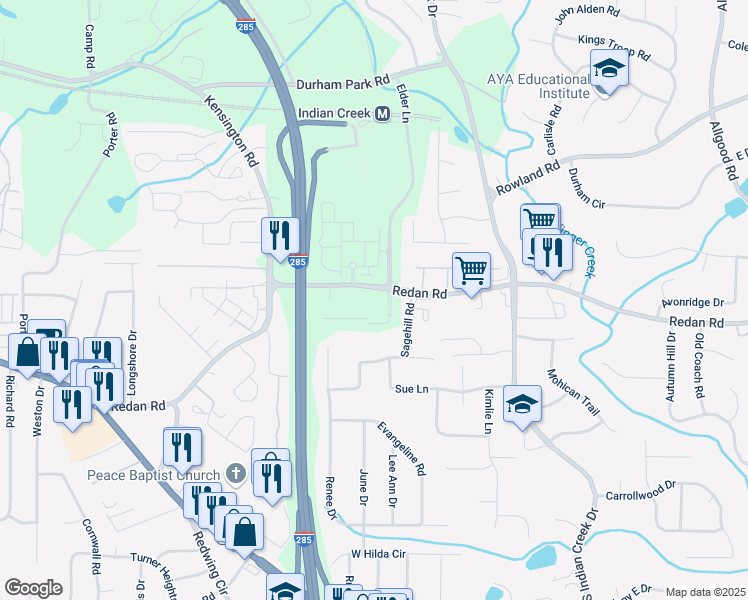 map of restaurants, bars, coffee shops, grocery stores, and more near 3963 Redan Road in Stone Mountain