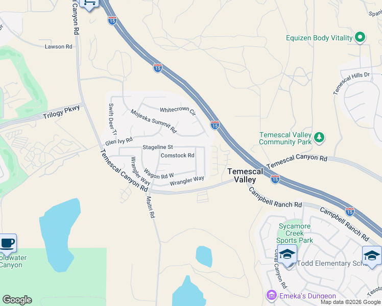 map of restaurants, bars, coffee shops, grocery stores, and more near 10391 Stageline Street in Corona