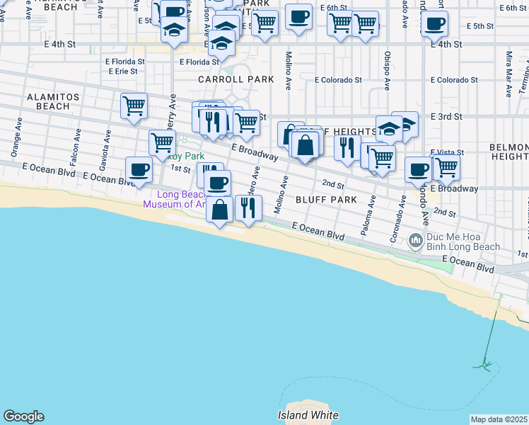 map of restaurants, bars, coffee shops, grocery stores, and more near in Long Beach