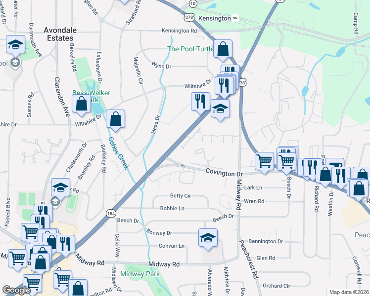 map of restaurants, bars, coffee shops, grocery stores, and more near 1100 North Village Drive in Decatur