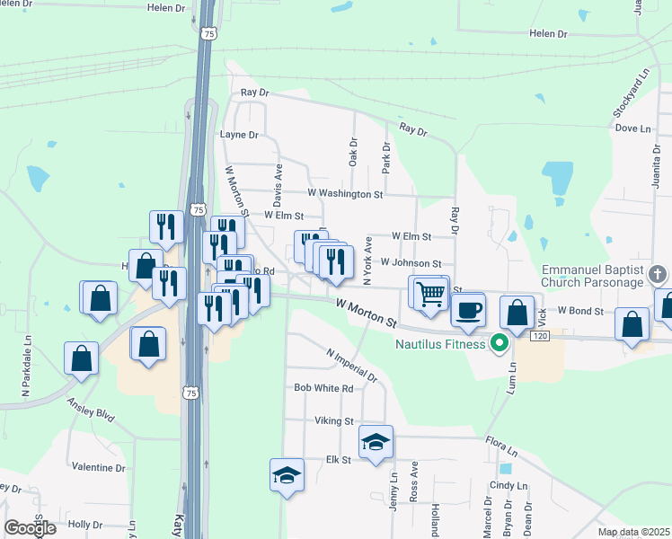 map of restaurants, bars, coffee shops, grocery stores, and more near 720 Layne Drive in Denison