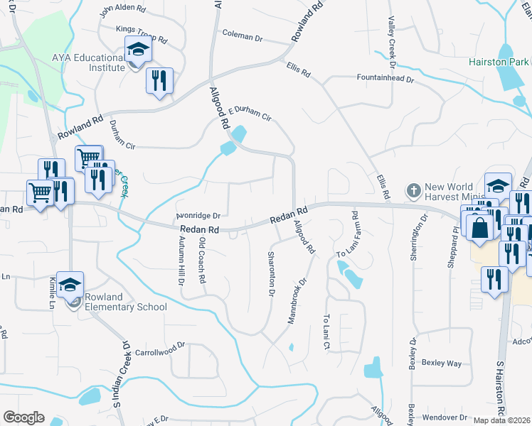 map of restaurants, bars, coffee shops, grocery stores, and more near 4408 Redan Road in Stone Mountain