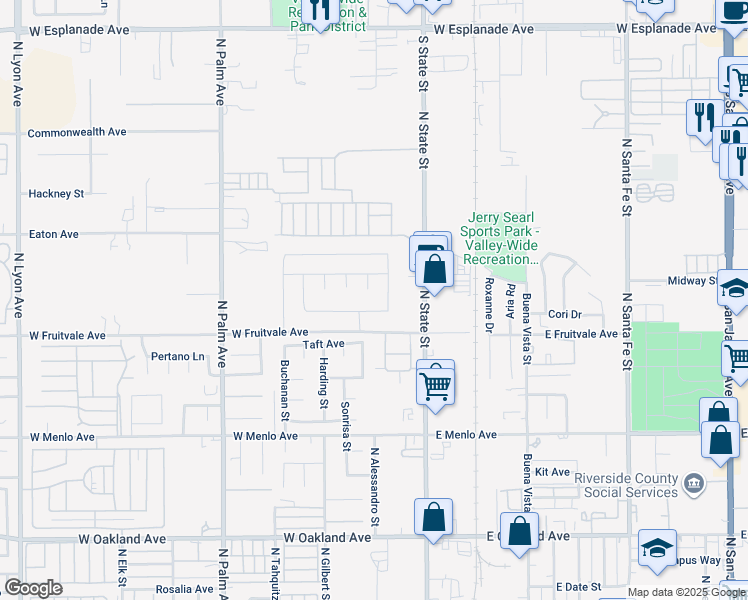 map of restaurants, bars, coffee shops, grocery stores, and more near 308 Bristolwood Road in Hemet