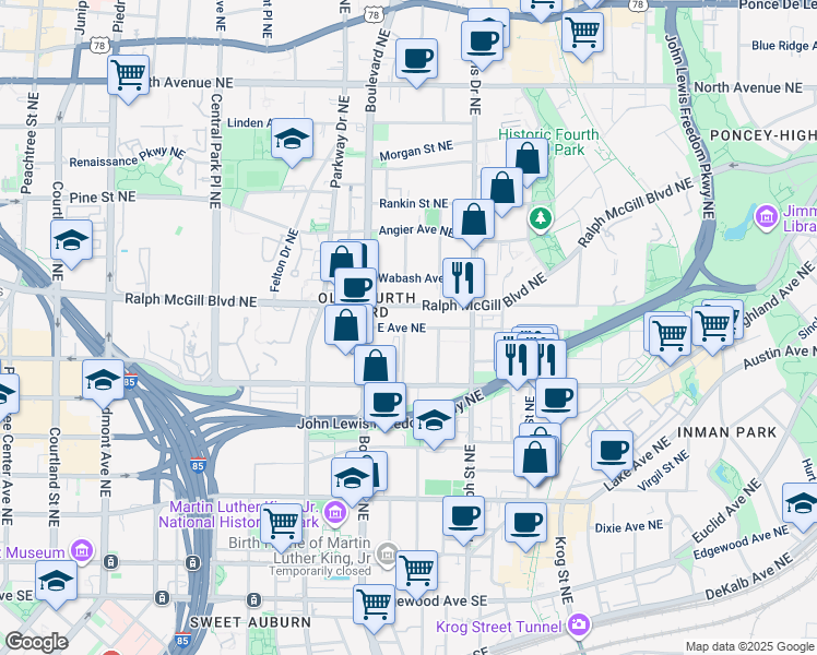 map of restaurants, bars, coffee shops, grocery stores, and more near 510 East Ave Northeast in Atlanta