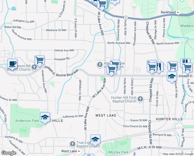 map of restaurants, bars, coffee shops, grocery stores, and more near 1666 Simpson Road Northwest in Atlanta